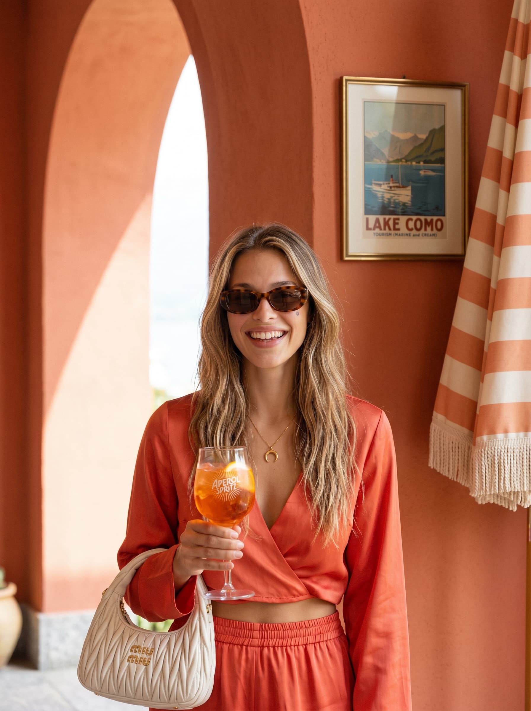 Lake Como Spritz hero — Zofia under terracotta arch with miu miu bag