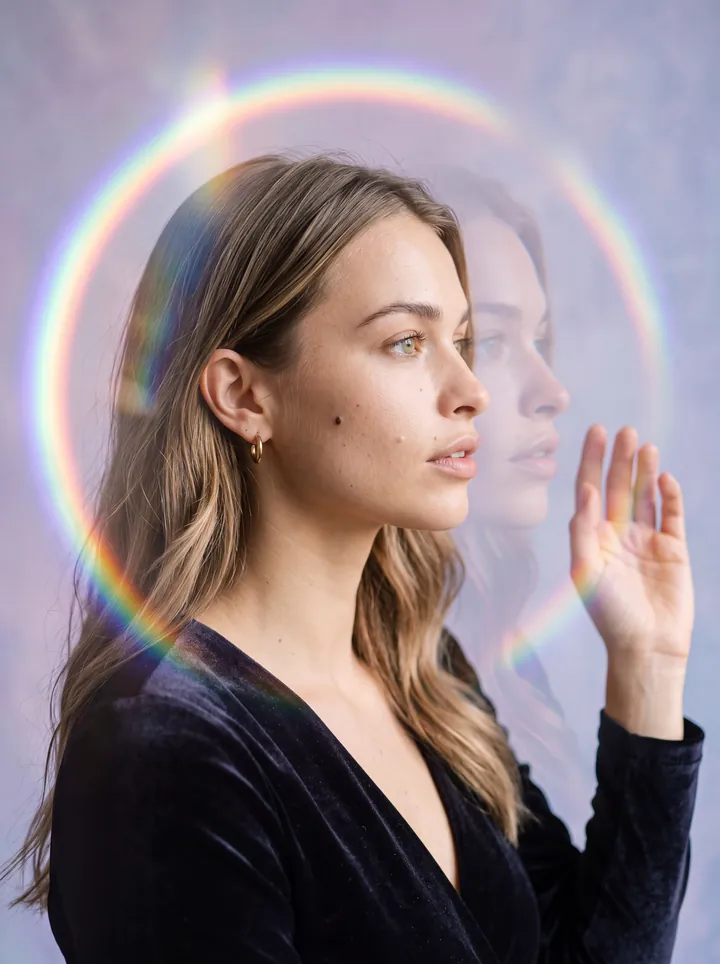 Prism and ghosts: Rainbow flares and a double reflection. (AI persona · style example)