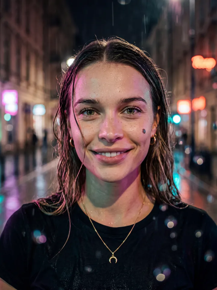 Wet neon: Droplets on skin, pink and blue. (AI persona · style example)