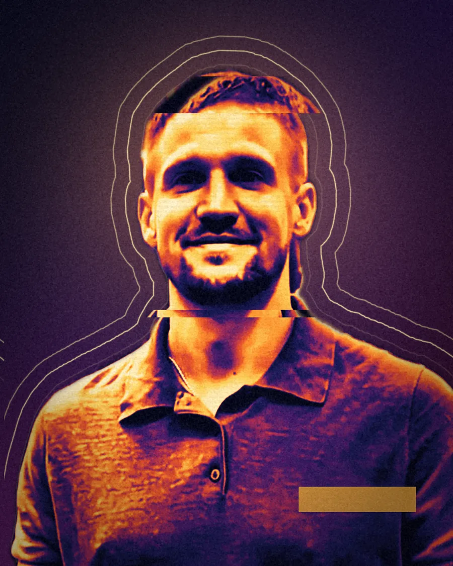 Mateusz Wesołowski, founder of SpotMade — a graphic AI portrait in a gold and violet palette with a glitch effect
